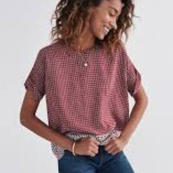 Madewell Red Print Silk Tee w/ Tie Back - Picture 2 of 8